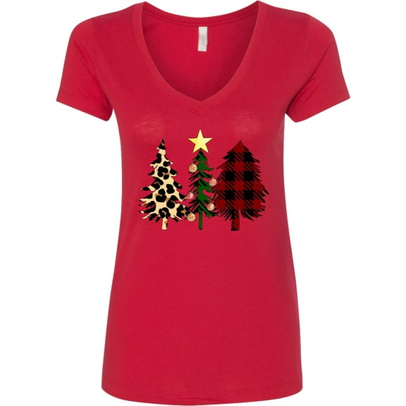 Inktastic Three Christmas Trees in Plaid and Leopard Print Women's V-Neck T-Shirt
