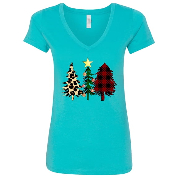 Inktastic Three Christmas Trees in Plaid and Leopard Print Women's V-Neck T-Shirt