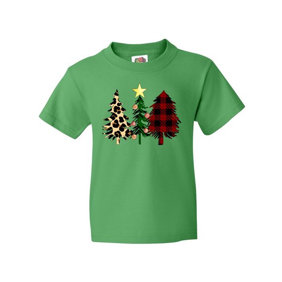 Inktastic Three Christmas Trees in Plaid and Leopard Print Youth T-Shirt