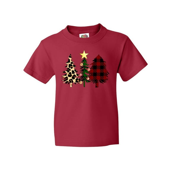Inktastic Three Christmas Trees in Plaid and Leopard Print Youth T-Shirt
