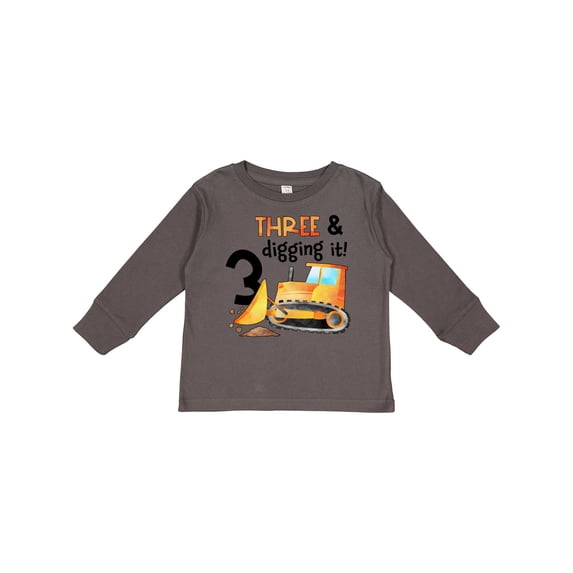 Inktastic Three and Digging It Bulldozer 3rd Birthday Boys or Girls Long Sleeve Toddler T-Shirt