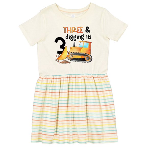 Inktastic Three and Digging It Bulldozer 3rd Birthday Girls Toddler Dress