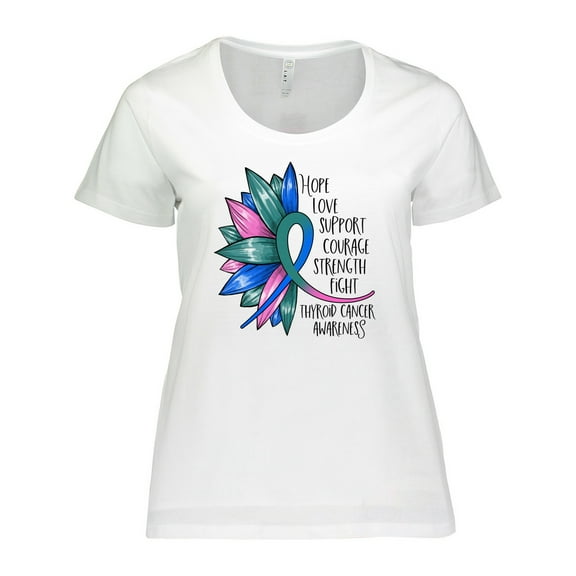 Inktastic Thyroid Cancer Awareness Blue Pink Teal Sunflower Ribbon Women's Plus Size T-Shirt