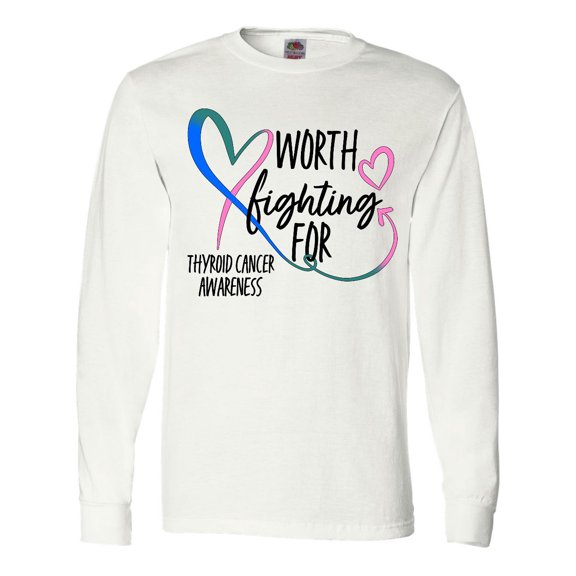 Inktastic Thyroid Cancer Awareness Pink, Blue, Teal Heart Ribbon Long Sleeve T-Shirt