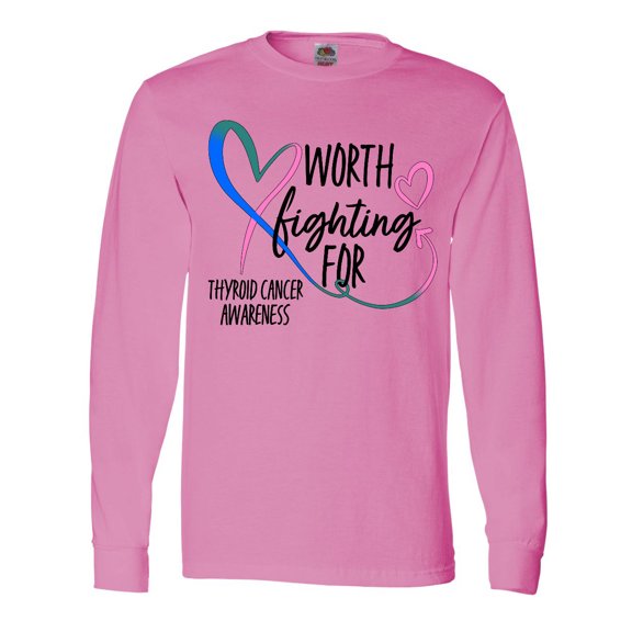 Inktastic Thyroid Cancer Awareness Pink, Blue, Teal Heart Ribbon Long Sleeve T-Shirt