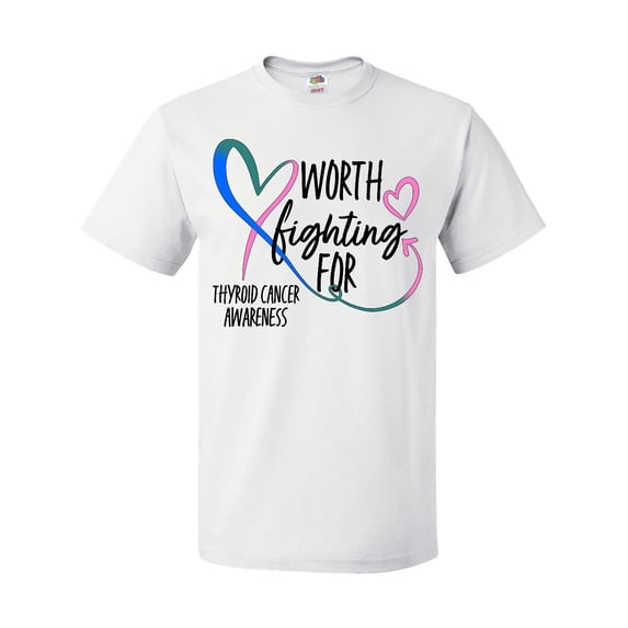 Inktastic Thyroid Cancer Awareness Pink, Blue, Teal Heart Ribbon T-Shirt