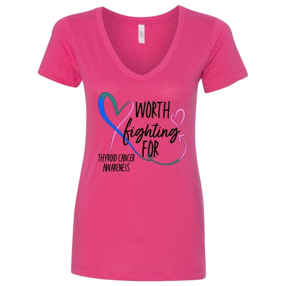 Inktastic Thyroid Cancer Awareness Pink, Blue, Teal Heart Ribbon Women's V-Neck T-Shirt