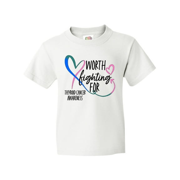 Inktastic Thyroid Cancer Awareness Pink, Blue, Teal Heart Ribbon Youth T-Shirt