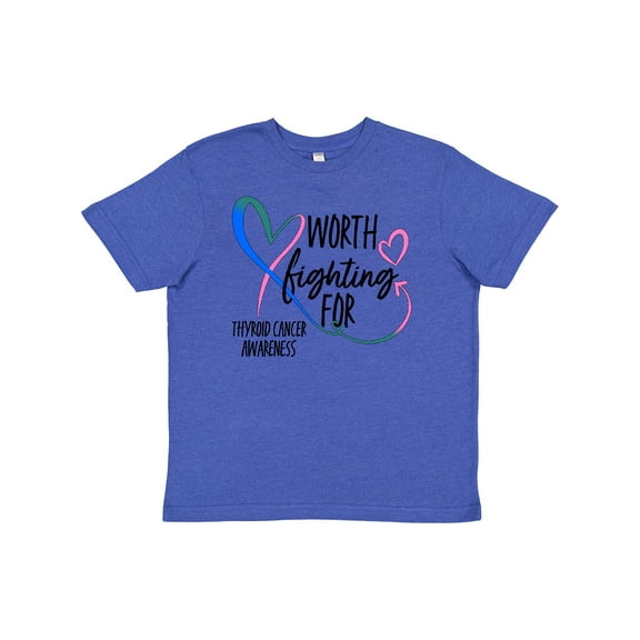 Inktastic Thyroid Cancer Awareness Pink, Blue, Teal Heart Ribbon Youth T-Shirt