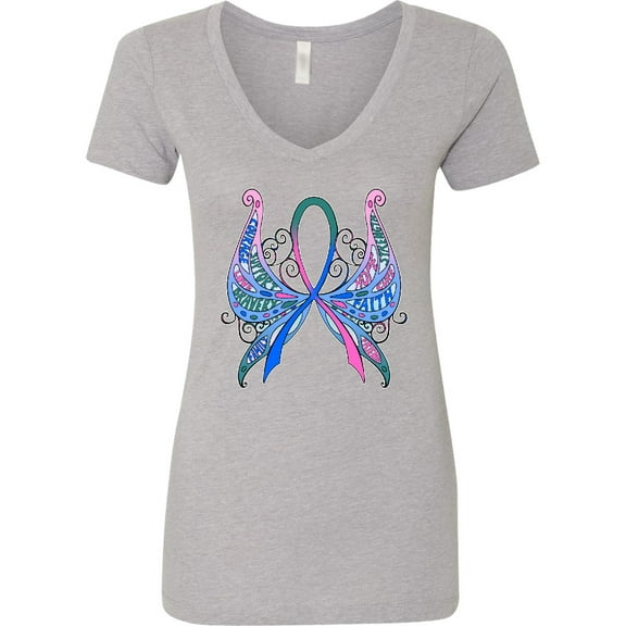 Inktastic Thyroid Cancer Awareness with Butterfly Ribbon Words Women's V-Neck T-Shirt