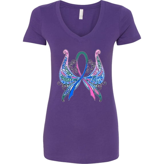 Inktastic Thyroid Cancer Awareness with Butterfly Ribbon Words Women's V-Neck T-Shirt