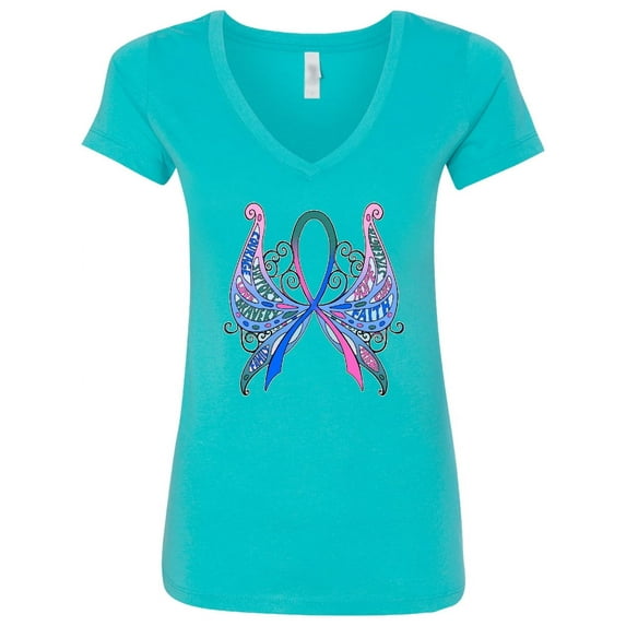 Inktastic Thyroid Cancer Awareness with Butterfly Ribbon Words Women's V-Neck T-Shirt