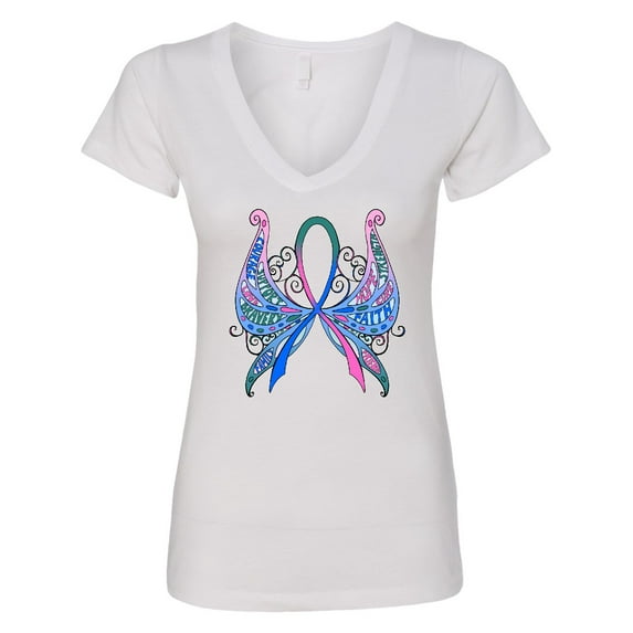 Inktastic Thyroid Cancer Awareness with Butterfly Ribbon Words Women's V-Neck T-Shirt