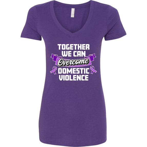 Inktastic Together We Can Overcome Domestic Violence with White Text Women's V-Neck T-Shirt