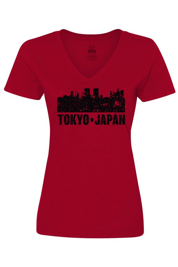 Tokyo Japan City Skyline with Grunge Women's V-Neck T-Shirt