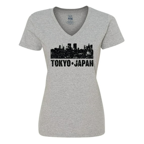 Inktastic Tokyo Japan City Skyline with Grunge Women's V-Neck T-Shirt