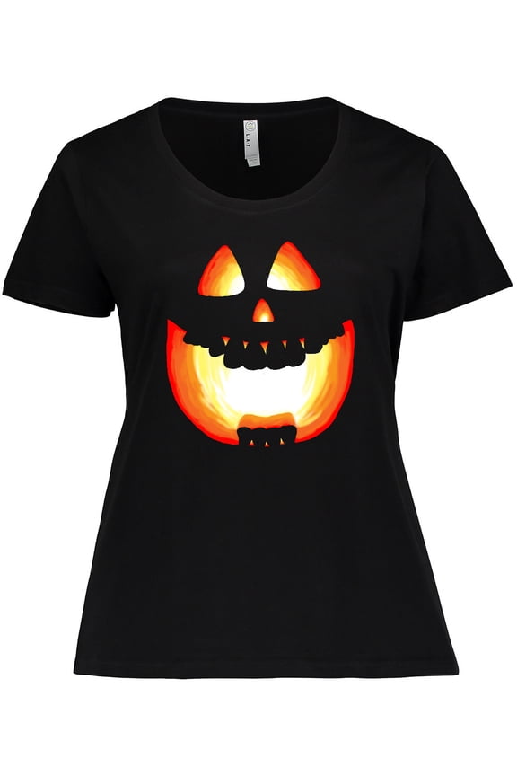 Toothy Grin Pumpkin Face in Orange Glow Women's Plus Size T-Shirt