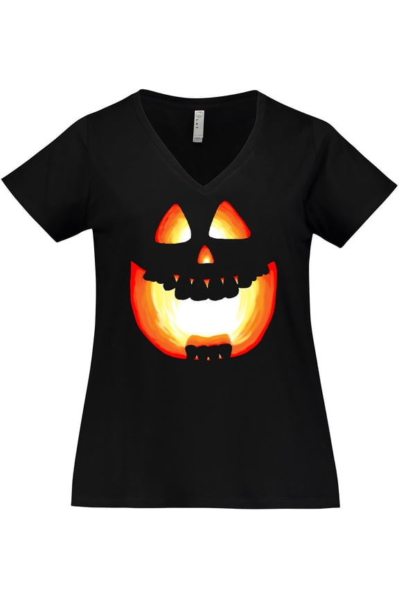 Toothy Grin Pumpkin Face in Orange Glow Women's Plus Size V-Neck T-Shirt