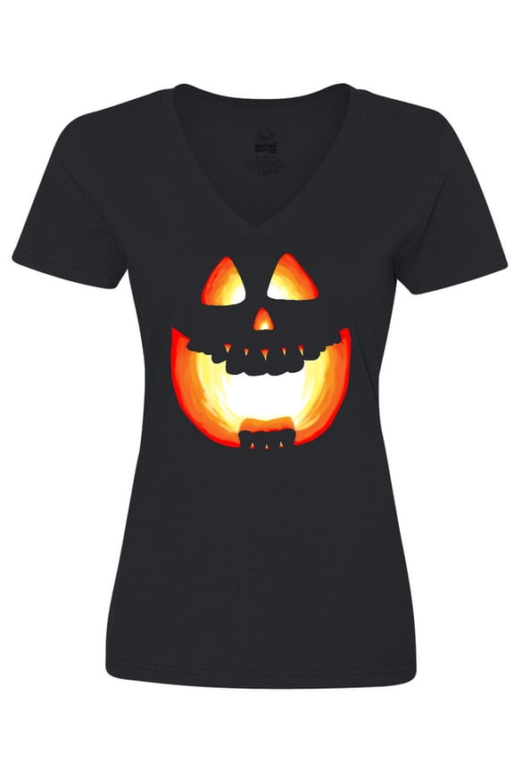 Toothy Grin Pumpkin Face in Orange Glow Women's V-Neck T-Shirt
