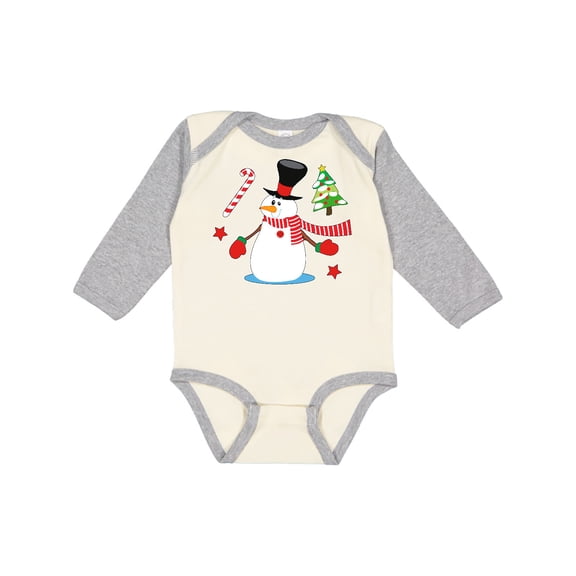Inktastic Top Hat Snowman with Christmas Tree and Candy Cane Boys or Girls Long Sleeve Baby Bodysuit