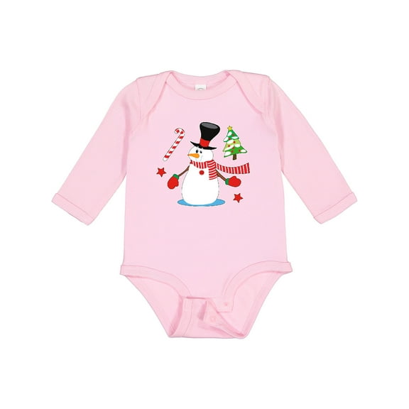 Inktastic Top Hat Snowman with Christmas Tree and Candy Cane Boys or Girls Long Sleeve Baby Bodysuit