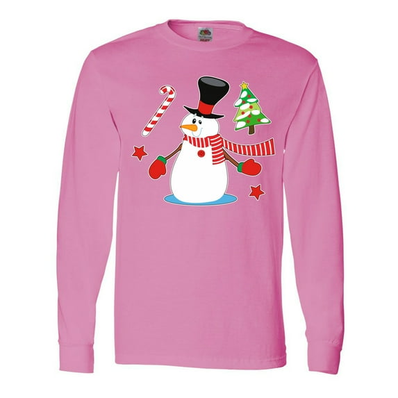 Inktastic Top Hat Snowman with Christmas Tree and Candy Cane Long Sleeve T-Shirt