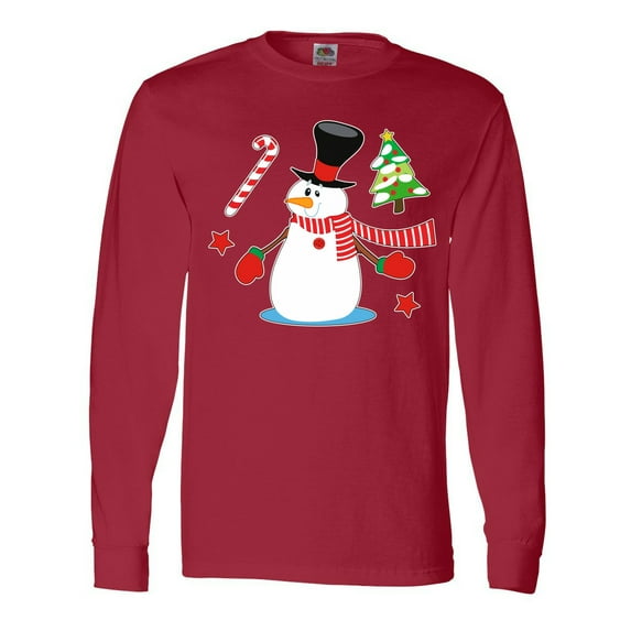 Inktastic Top Hat Snowman with Christmas Tree and Candy Cane Long Sleeve T-Shirt