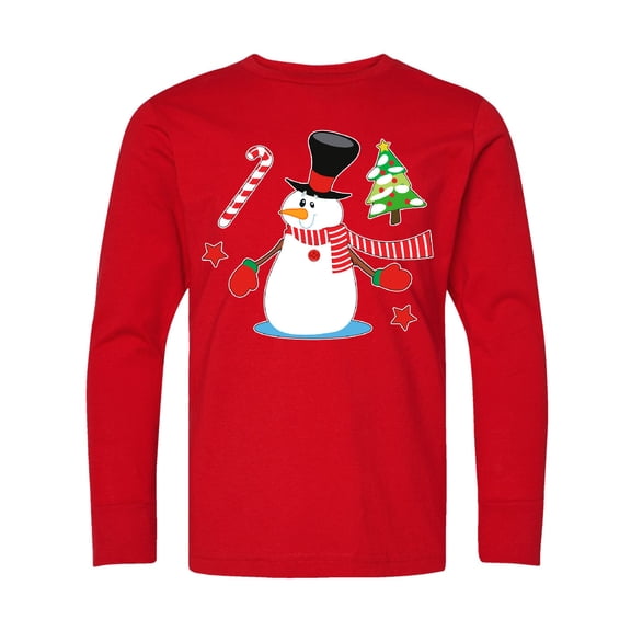 Inktastic Top Hat Snowman with Christmas Tree and Candy Cane Long Sleeve Youth T-Shirt