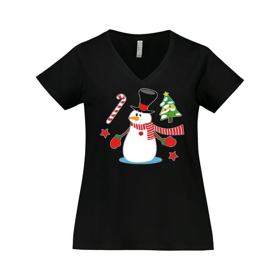 Inktastic Top Hat Snowman with Christmas Tree and Candy Cane Women's Plus Size V-Neck T-Shirt