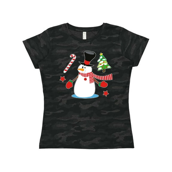 Inktastic Top Hat Snowman with Christmas Tree and Candy Cane Women's T-Shirt