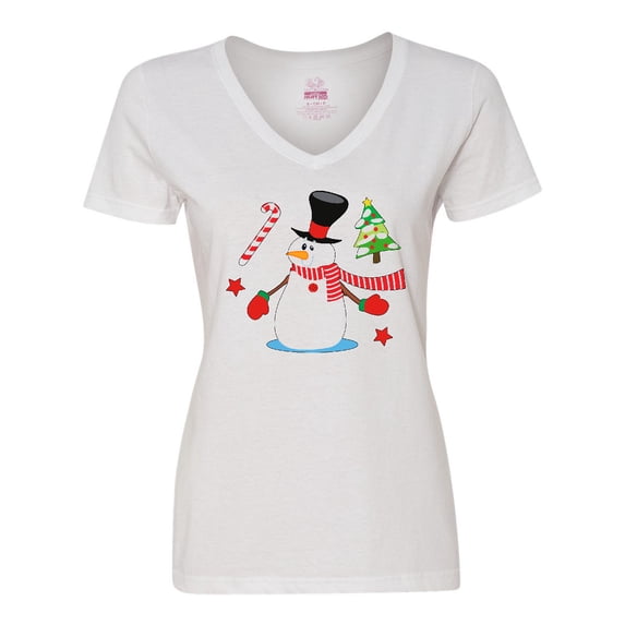 Inktastic Top Hat Snowman with Christmas Tree and Candy Cane Women's V-Neck T-Shirt