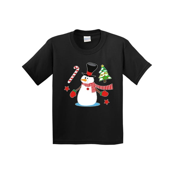 Inktastic Top Hat Snowman with Christmas Tree and Candy Cane Youth T-Shirt