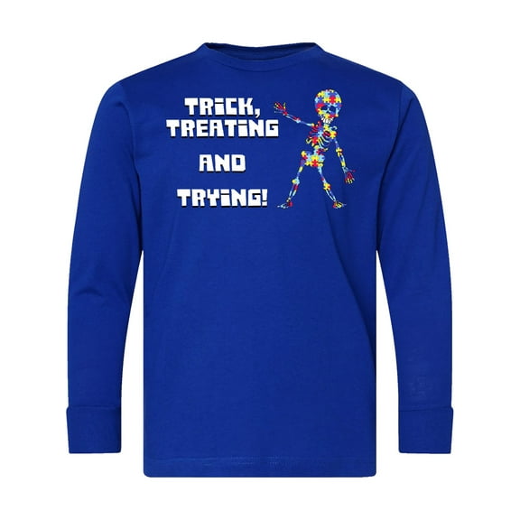 Inktastic Trick Treating and Trying Autism Awareness with Zombie Long Sleeve Youth T-Shirt