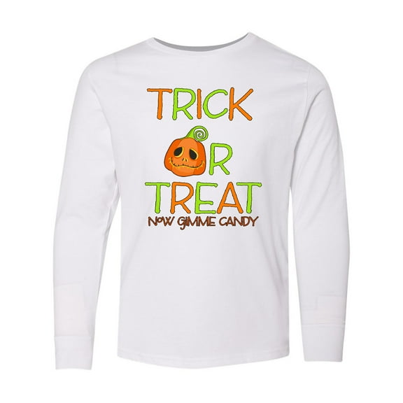Inktastic Trick or Treat Now Gimme Candy with Halloween Pumpkin Long Sleeve Youth T-Shirt