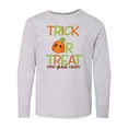 thumbnail image 1 of Inktastic Trick or Treat Now Gimme Candy with Halloween Pumpkin Long Sleeve Youth T-Shirt, 1 of 5