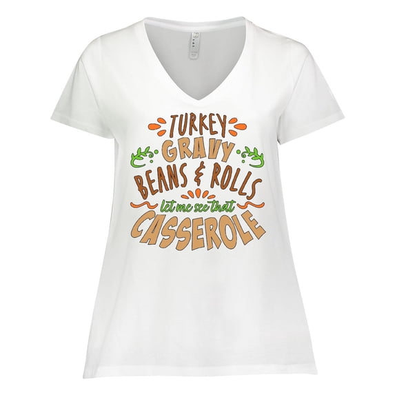 Inktastic Turkey, Gravy, Beans, Rolls, Casserole Women's Plus Size V-Neck T-Shirt