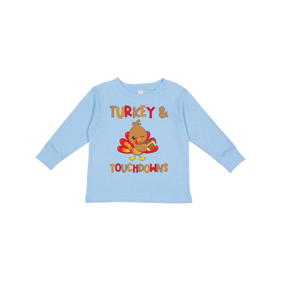 Inktastic Turkey and Touchdowns Cute Thanksgiving Football Design Boys or Girls Long Sleeve Toddler T-Shirt