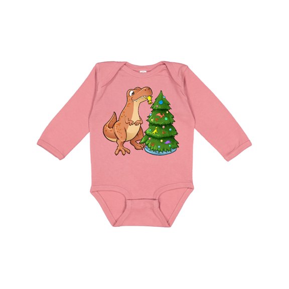Inktastic Tyrannosaurus Rex Decorating Christmas Tree Boys or Girls Long Sleeve Baby Bodysuit