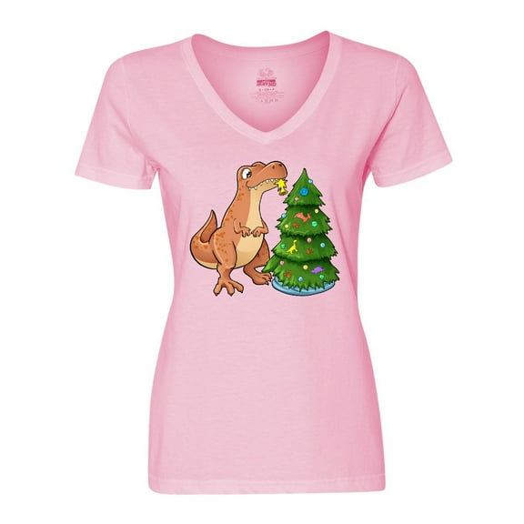 Inktastic Tyrannosaurus Rex Decorating Christmas Tree Women's V-Neck T-Shirt