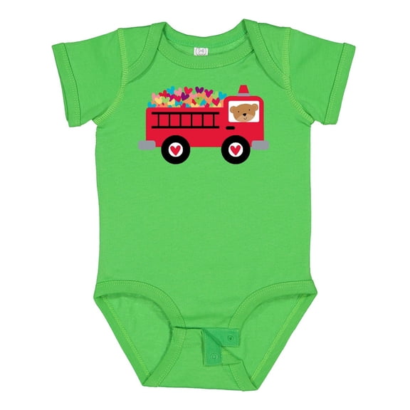 Inktastic Valentine Fire Truck Heart Bear Boys or Girls Baby Bodysuit