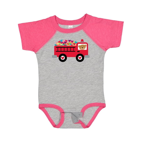 Inktastic Valentine Fire Truck Heart Bear Boys or Girls Baby Bodysuit