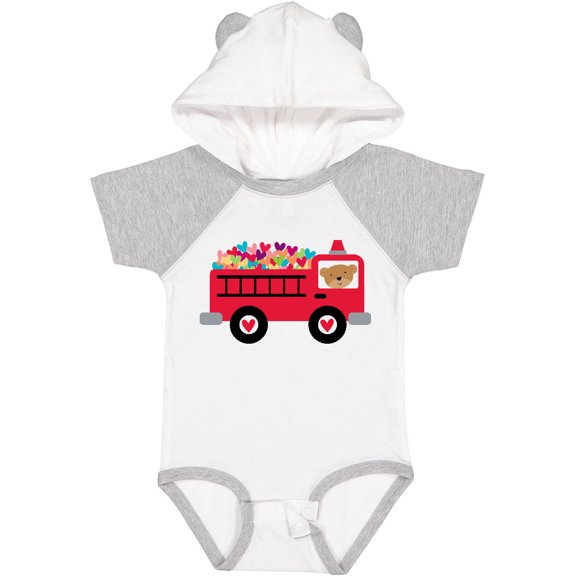 Inktastic Valentine Fire Truck Heart Bear Boys or Girls Baby Bodysuit
