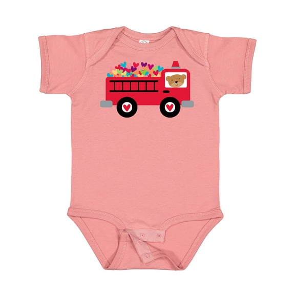 Inktastic Valentine Fire Truck Heart Bear Boys or Girls Baby Bodysuit