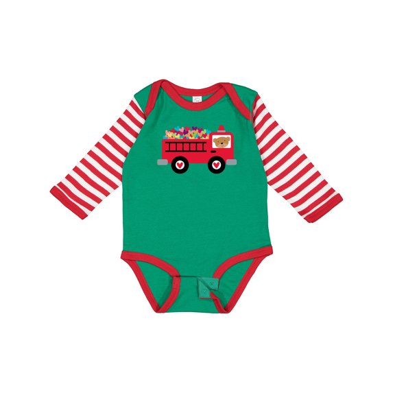 Inktastic Valentine Fire Truck Heart Bear Boys or Girls Long Sleeve Baby Bodysuit