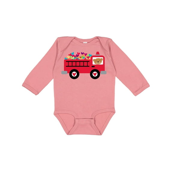 Inktastic Valentine Fire Truck Heart Bear Boys or Girls Long Sleeve Baby Bodysuit