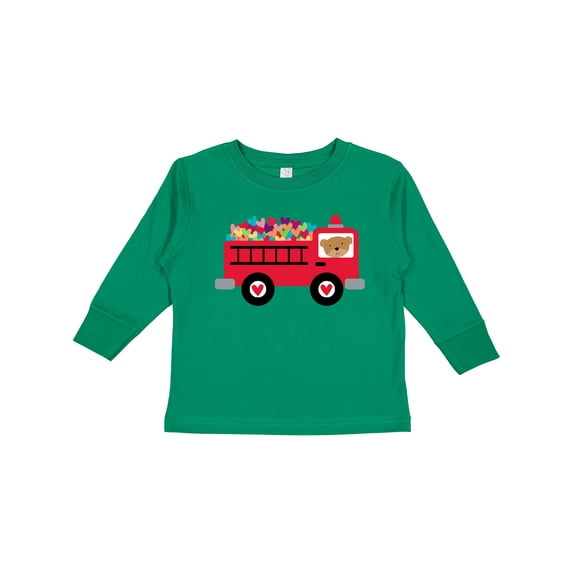 Inktastic Valentine Fire Truck Heart Bear Boys or Girls Long Sleeve Toddler T-Shirt