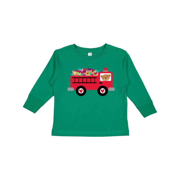 Inktastic Valentine Fire Truck Heart Bear Boys or Girls Long Sleeve Toddler T-Shirt