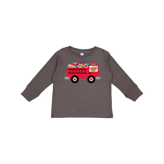 Inktastic Valentine Fire Truck Heart Bear Boys or Girls Long Sleeve Toddler T-Shirt
