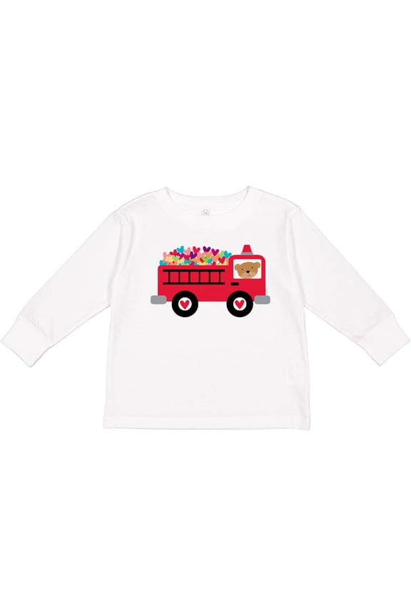 Valentine Fire Truck Heart Bear Boys or Girls Long Sleeve Toddler T-Shirt