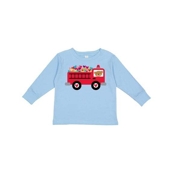 Inktastic Valentine Fire Truck Heart Bear Boys or Girls Long Sleeve Toddler T-Shirt